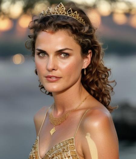 kerirussel,wearing a gold dress and jewelry with a tiara on her head and a necklace on her neck with, masterpiece,best quality,CG,detailed light,extremely detailed,royalty,HDR,intricate details,brown eyes,
<lora:kerirussel:0.9>,