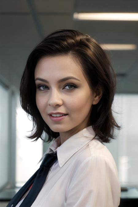 (8k, masterpiece, best quality, solo, sfw), ((Ewa Sonnet)), portrait, (office outfit, tie), looking at camera, eyelines, eyeshadows, smile, simple dark background, <lora:Ewa_Sonnet_v1:0.95>, huge breasts