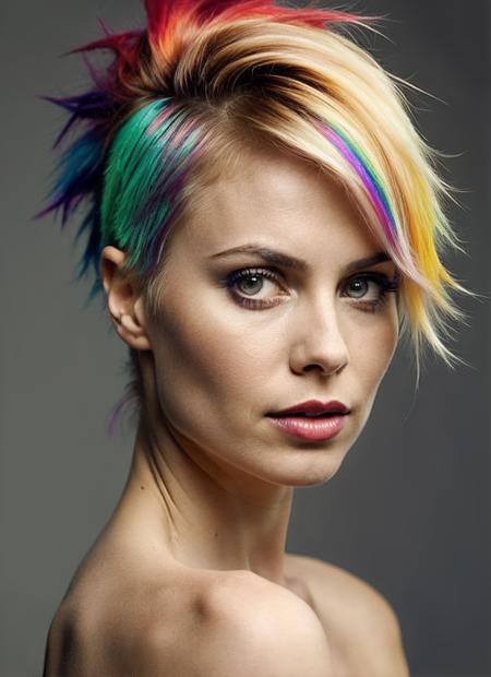 portrait of sks woman by Flora Borsi, style by Flora Borsi, bold, bright colours, rainbow Mohawk haircut, ((Flora Borsi)), <lora:lora_radha_v1_from_v1_160:1>