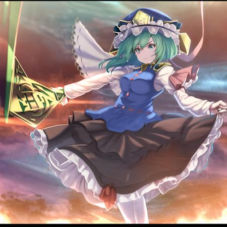 1girl, Eiki Shiki green hair, blue dress, wearing a hat <lora:Eiki Shiki:1> swinging the rod of remorse, best quality, hyper detailed, beautifully detailed, dramatic lighting