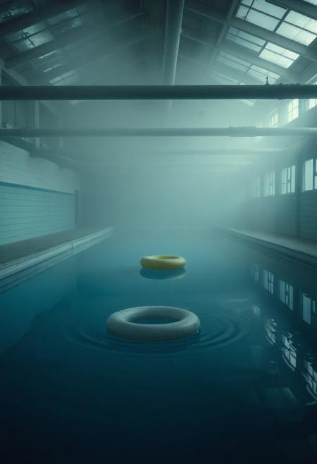 ““An abandoned indoor swimming pool, dimly lit by flickering ceiling lights. The water is still, untouched, reflecting the pale blue tiles and broken windows above. Thick fog creeps along the floor, and dust floats in the quiet air. A single pool float drifts slowly across the water, creating gentle ripples in the silence. The scene is frozen in time — no people, no movement, just echoes of what once was. Soft, ambient hums mix with the distant creak of pipes. Cinematic 4K, 35mm film grain, desaturated colors, dreamlike, surreal atmosphere, heavy stillness.”