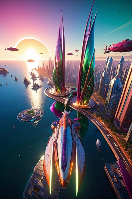 Futuristic fantasy concept art. Wide shot. A highly advanced futuristic city with seahorse-inspired skyscrapers and intricate architecture along a coastal metropolis. Wide-angle lens. Inspired by the art of Syd Mead. Vibrant seahorse-shaped airships floating above the city, fantastical glowing accents, hyper realistic reflections on polished surfaces. Warm sunset lighting with a magenta and emerald green color scheme. 8k resolution, crazy details, trending on Artstation, Unreal Engine 5 quality, cinematic, highly intricate, mesmerizing, extremely detailed.