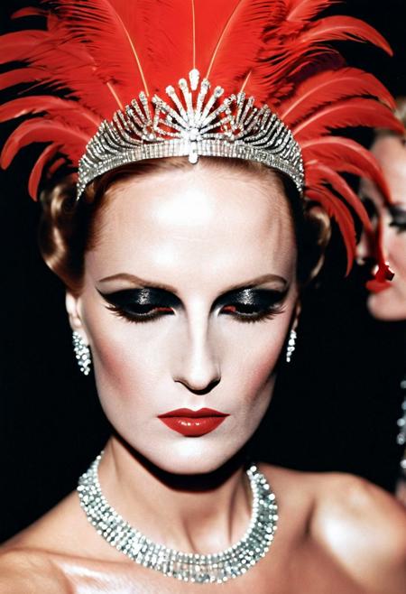 Photo by <lora:HELMUTNEWTON-000001:1> HELMUTNEWTON, photographer,  Close-up, High Key Lighting ,Fujifilm Provia 100F, “Cabaret Glamour”: Backstage at a burlesque show, a dancer adjusts her feathered headpiece. Sequins, red lipstick, and smoky eyes create an aura of sensuality. ,, fashion editorial photography, high-fashion imagery, avant-garde aesthetics, editorial storytelling, conveying fashion trends and concepts, artistic interpretation, expert styling, professional lighting, capturing fashion-forward visuals, creating visual impact, evoking emotion, pushing creative boundaries