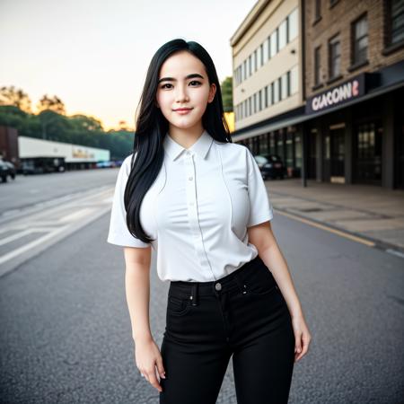 a photo of (Elena-v1-150:1.25), posing, standing, long black  hair, wearing a shirt and black jeans,street background, detailed, high-resolution,<lora:Hand v3 SD1.5:0.9> Hand, Perfect hand, Detailed hand, (evening:1.1), sun dawn, 1girl