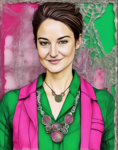 ShaileneWoodley, (art by Tim Holtz:1.3) , (art by Regina Valluzzi:0.7) , portrait,close up of a Moving Mediterranean (Female:1.1) , wearing electric green Yoga pants with Metal ornaments, deep pink Lapel Pin, inside of a Hotel, Illustration, Tranquil, Generative Art, 80mm,  <lora:ShaileneWoodleySDXL:1>