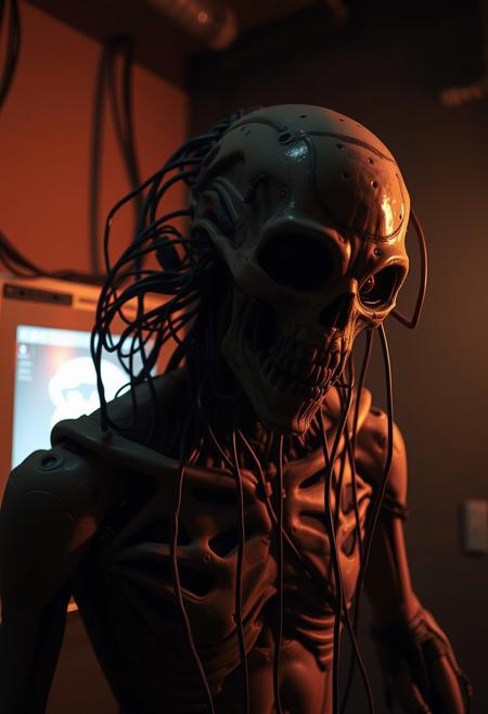 A terrifying biopunk creature, cybernetic body horror, dark room, screen glow, cables and wires