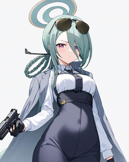 mina \(blue archive\),1girl, solo, holding_gun, eyewear_on_head, sunglasses, halo, black_necktie, black_gloves, white_shirt, white_background, handgun, dual_wielding, simple_background, blurry, long_sleeves, looking_at_viewer, closed_mouth, medium_breasts, single_braid, black_skirt, braided_ponytail, collared_shirt
<lora:mina_(blue_archive)_image245_2023-11-28-000025:1>halo. gorgeous,key visual, vibrant, studio anime,award-winning, professional, highly detailed,high budget, cinemascope