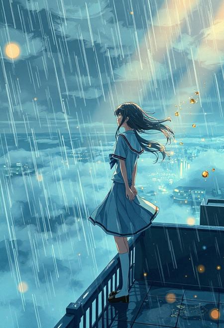 Vertical 9:16 cinematic anime scene, ultra-detailed 4K, in Vertical 9:16 cinematic anime scene, ultra-detailed 4K, in the style of “Weathering with You” key art: a lone girl in a rain-drenched school uniform standing on a rooftop ledge, her hair and skirt fluttering in a gentle breeze; layers of soft, textured clouds receding into depth, distant neon city lights glowing through mist; volumetric sunbeams piercing rain clouds, creating shifting light shafts; drifting golden feenstaub particles sparkling in the air around her, catching every ray of light; parallax-ready composition with foreground railing crisp, midground girl in sharp focus, background city softly blurred; hyper-detailed watercolor cel shading, raindrop gloss on surfaces, subtle bloom and film grain; strong sense of depth and enchanted motion.
