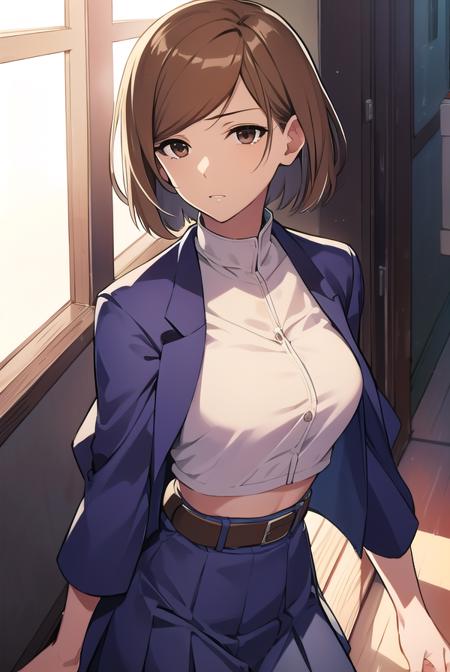 nobarakugisaki, <lyco:nobarakugisaki-LYCORIStest:1>,
nobara kugisaki, bob cut, (brown eyes:1.5), brown hair, lips, short hair,
BREAK belt, brown belt, brown pantyhose, crop top, crop top overhang, jujutsu tech uniform, pantyhose, pleated skirt, shirt tucked in, skirt, blue skirt, blue crop top,
BREAK looking at viewer,
BREAK indoors, classroom,
BREAK <lora:GoodHands-vanilla:1>, (masterpiece:1.2), best quality, high resolution, unity 8k wallpaper, (illustration:0.8), (beautiful detailed eyes:1.6), extremely detailed face, perfect lighting, extremely detailed CG, (perfect hands, perfect anatomy),