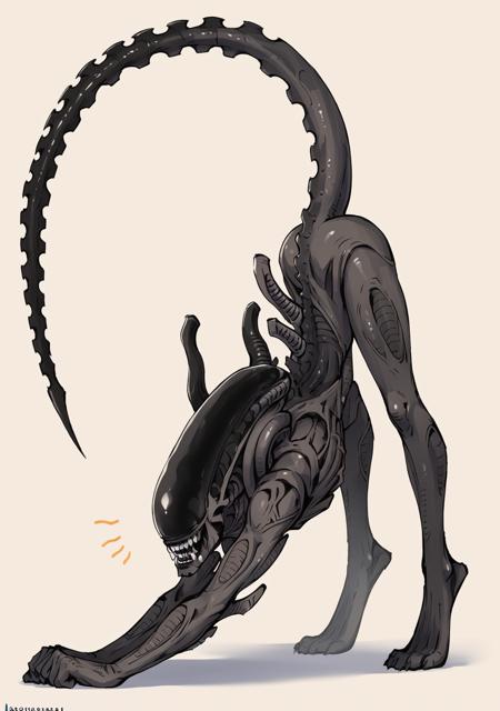 score_9, score_8_up, score_7_up, score_6_up, score_5_up, score_4_up, masterpiece, high quality, BREAK, full body, BREAK,    <lora:Cat_Stretch_Pose_Pony:0.8> cat stretch, arched back, stretch, pose, stretching, <lora:Zenomorphification_Alien_PonyXL:0.8> zenomorphification, zenomorph, large head, long head, black skin, alien, sharp teeth,