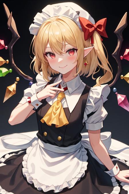 best quality, masterpiece, highres, solo, {maid:1.40}, {long maid dress:1.15}, {flandre_scarlet_touhou:1.15}, blonde_hair, wings, red_eyes, crystal, bangs, hat, one_side_up, ribbon, mob_cap, bow, blush, smile, vest, white_headwear, red_vest, ascot, hair_between_eyes, red_bow, red_ribbon, upper_body, hat_ribbon, yellow_ascot, short_hair