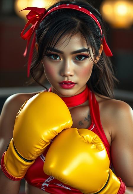 Cinematic full shot of a gorgeous, curvaceous asian female boxer with freckles, thick legs, eyelashes and big pink lips, red silk cheerleader uniforms, glossy lips, headbands, and shiny yellow boxing gloves with her hands in a boxing stance