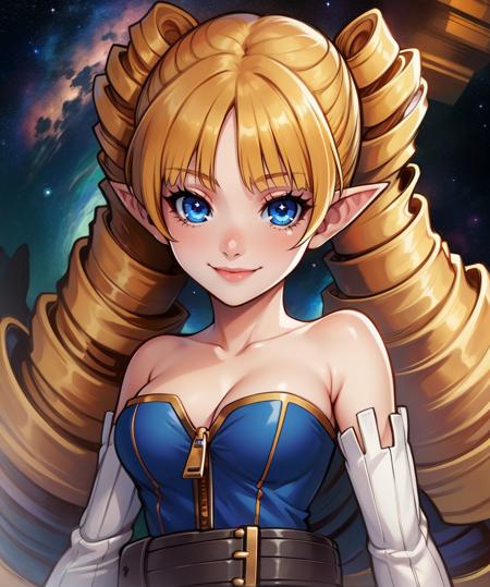 Archer,blond hair,drill hair,pointy ears,blue eyes,smiling,
standing,cleavage,
detached sleeves,bare shoulders,strapless dress,zipper,boots,belt,skirt,
space, stars, 
(insanely detailed, beautiful detailed face, masterpiece, best quality),<lora:Archer:0.8>,