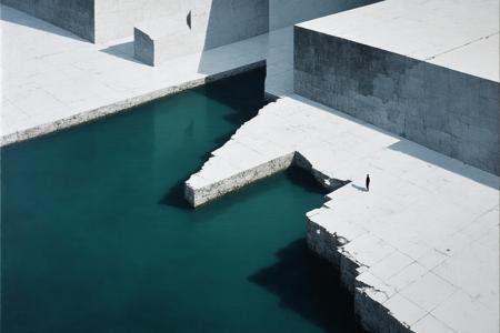 Aerial perspective overlooks a fractured waterfront: angular planes of chalk-white and slate cascade into a still mercury-toned bay, their jagged edges dissolving into mist. Cubist distortions fragment the horizon into intersecting triangles and rhomboids, echoing Picasso’s analytic phase fused with Tamara de Lempicka’s sleek minimalism. The palette hinges on bleached cobalt shadows and whispers of burnt umber, backlit by a diffused saffron glow that etches geometric halos onto the water’s matte, inkblot surface. A lone silhouetted arch—sliced by intersecting black lines—floats mid-air, its reflection shattered into monochrome shards that ripple with ghostly symmetry.