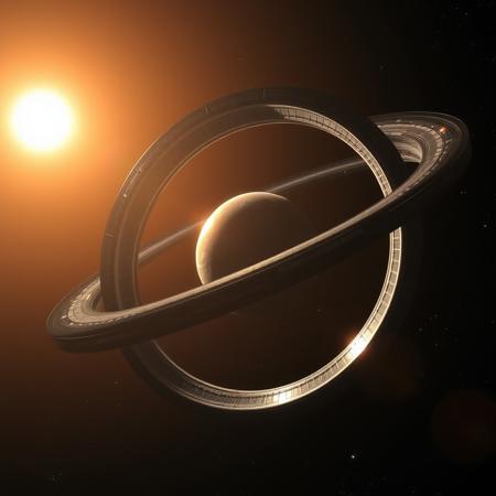 view of a atronomically sized metal ring in orbit around around a sun. the inside of the ring is textured like a habitable planet. ringworld