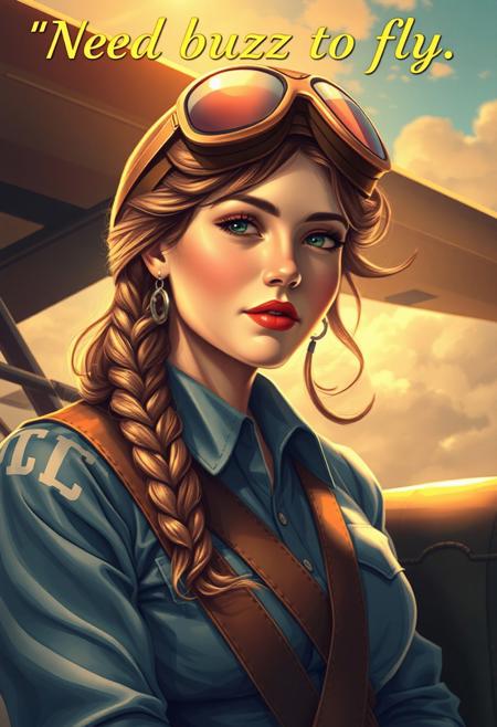 Masterpiece. (title text on top: "Need buzz to fly"), Illustration of a beautiful woman, vintage aircraft pilot, early twentieth century, high-res, semi realistic, best quality, intricate details, ultra details, good lighting, vibrant colors, very detailed, octane render, ray tracing,