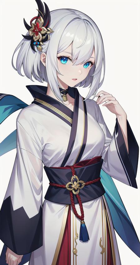 1girl, white kimono,  white hair, medium hair,  blue eyes,  glowing eyes,   (genshin impact:0.7),  white background, high quality, highres, masterpiece,  <lora:isatis_style:0.7> isatis, genshin