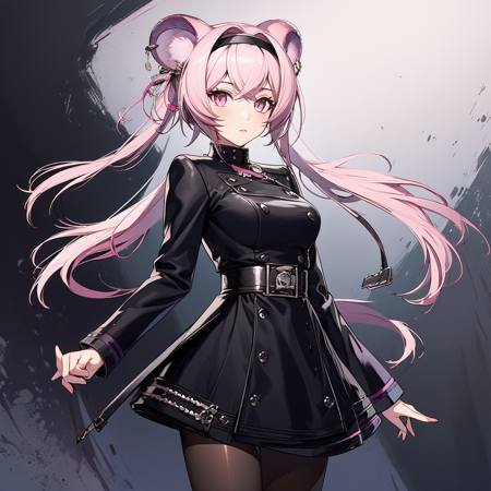 1girl, solo, mouse ears, animal ears, pink hair, long hair, hair between eyes, pink eyes, looking at viewer, black hairband, black dress, pantyhose, cowboy shot