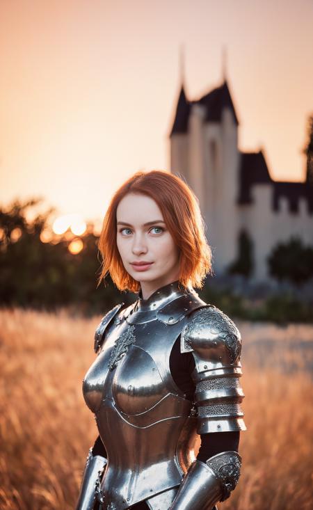 (masterpiece),(extremely intricate:1.3),(realistic),profile of (22 years old sks woman:1),(head turned to the camera:1.2),freckles,(medieval armor),metal reflections,upper body,outdoors,intense sunlight,far away castle,professional photograph of a stunning woman detailed,sharp focus,dramatic,award winning,cinematic lighting,octane render  unreal engine,volumetrics dtx,(film grain, blurry background, blurry foreground, bokeh, depth of field, sunset, motion blur:1.3),chainmail,<lora:locon_felicia_v1_from_v6_64_32:1.4>