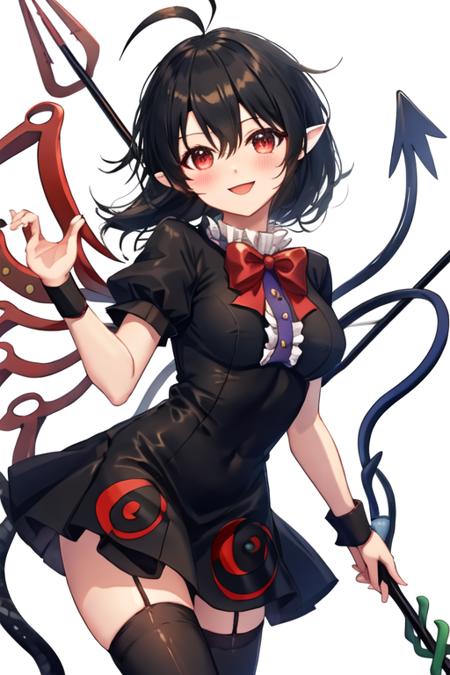 best quality, masterpiece, highres, solo, {houjuu_nue_touhou:1.15}, black_hair, wings, asymmetrical_wings, red_eyes, short_hair, bow, smile, 1girl, bangs, black_dress, black_thighhighs, blue_wings, bowtie, dress, frills, holding, holding_weapon, looking_at_viewer, polearm, red_bow, red_bowtie, red_wings, short_sleeves, thighhighs, trident, weapon, wristband, ahoge, blush, breasts, center_frills, hair_between_eyes, pointy_ears, short_dress, snake, zettai_ryouiki, medium_breasts, open_mouth, simple_background, white_background