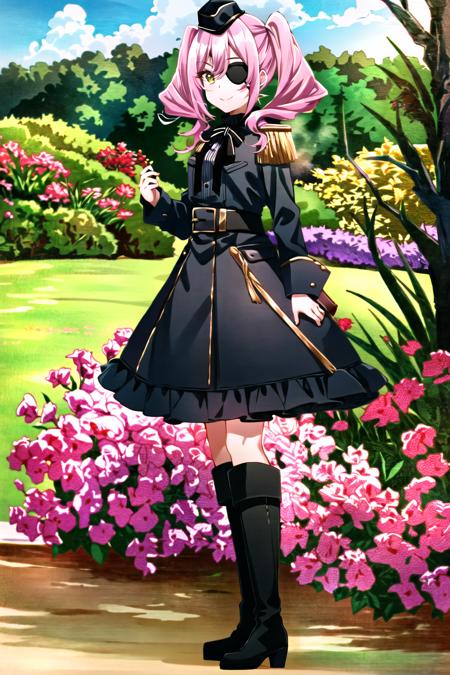 solo, 1girl, annette (boga), default, twintails, eyepatch, mini hat, black headwear, military uniform, black dress,  epaulettes, long sleeves, buttons, frills, black boots, smile, looking at viewer, standing, garden, blue sky, sunlight, outdoors, full body, <lora:negative-e12-15:-1.5>