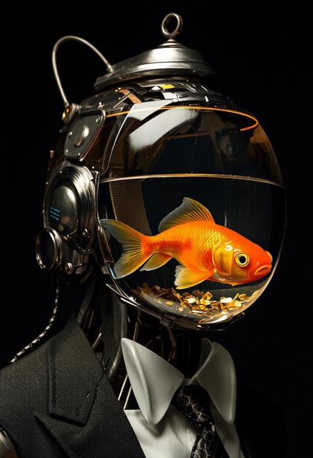 w1z_m4ch1n4. gentleman cyborg robot with a fish bowl head, with a small goldfish
