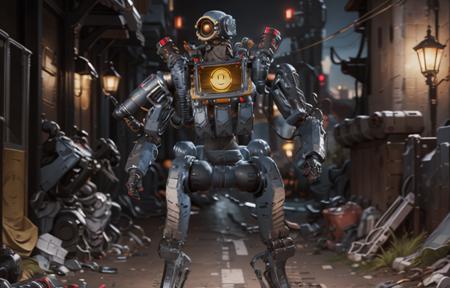 masterpiece, best quality, 
full body, simple background, 
Pathfinder\(apex legends\), 1 robot, science fiction,smile icon,
realistic, outdoors, street,