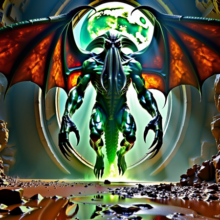 a raw HDRI high resolution photograph of cthulhu emerging from an interdimensional gate in space.