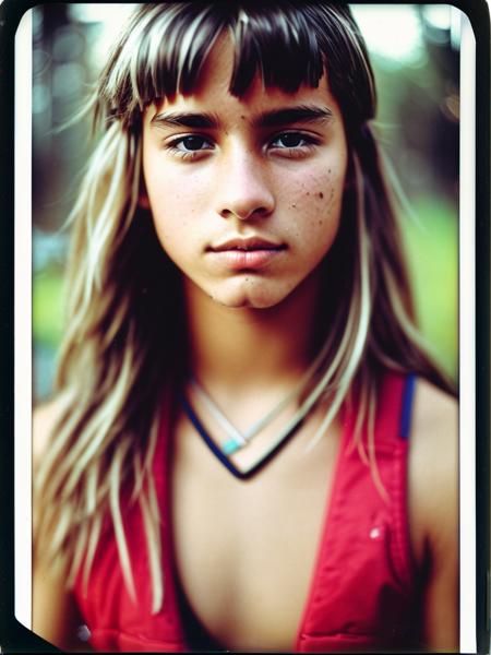 polaroid, full frame Close portrait, ( 18yo monique gabrielle ), slim muscular body, vest top, short blonde-brown messy hair, cyberpunk ruins, skin texture, torn clothes, shallow depth of field, ((bokeh)), film grain, ultra realistic, cinematic lighting, magic neon, dark red