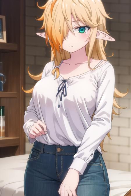 reviewerzel, <lora:reviewer zel female s1-lora-nochekaiser:1>,
zel, long hair, blonde hair, (green eyes:1.3), pointy ears, (hair over one eye:1.5), elf,
BREAK shirt, long sleeves, pants, denim, jeans, (white shirt:1.5), collarbone,
BREAK indoors, bed,
BREAK looking at viewer, (cowboy shot:1.5),
BREAK <lyco:GoodHands-beta2:1>, (masterpiece:1.2), best quality, high resolution, unity 8k wallpaper, (illustration:0.8), (beautiful detailed eyes:1.6), extremely detailed face, perfect lighting, extremely detailed CG, (perfect hands, perfect anatomy),