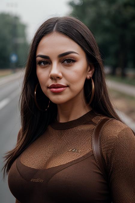 photo of (zanamari-135:0.99), a beautiful woman, perfect hair, smiling, closeup portrait, (modern photo, Road Sign Brown compression shirt), 85mm, (analog, cinematic, film grain:1.3), ((plain Bear Brown background:1.2)), detailed eyes, (seductive pose), painted lips, (epicPhoto), (looking at viewer), hoop earrings, (cinematic shot:1.3)