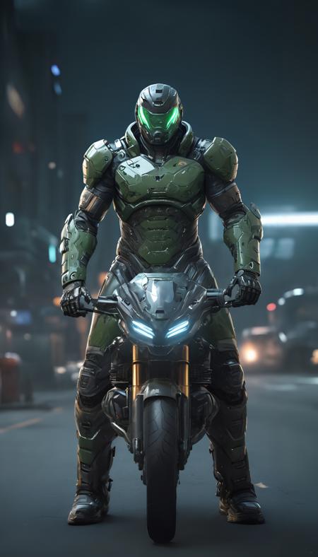 (photo portrait of (Doomguy:1.4) (riding a motorcycle, in futuristic outfit:1.2)), (Doomguy riding a motorcycle:1.1), (looking at the camera:1.1), (looking at the viewer:1.1), dramatic lighting, ((mechanical prosthetics, robot hands)), action pose, (motorcycle), BREAK, dynamic, vibrant, action-packed, detailed character design, (professional photo of Doomguy:1.2), (extremely detailed Doomguy face:1.4), (Doomguy riding a motorcycle:1.3), 1 man, cyberpunk clothing, cyberpunk, (cyberpunk background:1.2), (extremely detailed cyberpunk background:1.3), extremely detailed background, cyberpunk body modification, cyberpunk 2077 body modification, (neon city background), cyberpunk suit, robot, science fiction, solo, full body, wires and cables, sharp focus, natural lighting, cyberpunk reimagined, neon lights, action pose, colorful, bright colors, science fiction, a dystopian cyberpunk city, neon, cyberpunk 2077, (cyberpunk 2077 cityscape), art by Masamune Shirow,soft neon light, cinematic, vivid details, robotic bionic features, (masterpiece, hyperrealistic, best quality:1.2), official art, extremely detailed CG unity 8k wallpaper, detailed background, best quality, expressive eyes, perfect face, perfect eyes, perfect anatomy, extremely detailed eyes and face, looking at viewer, detailed background, detailed clothes, cinematic lighting, beautiful 8k, masterpiece, best quality, high quality, hdr, photography by cosmicwonder, high definition, symmetrical face, volumetric lighting, 24mm, 4k, DSLR, high quality, ultra realistic,
