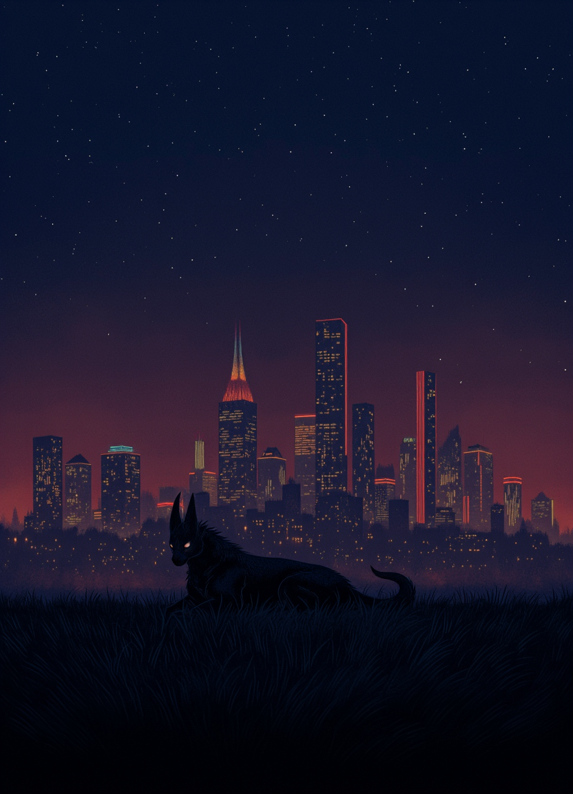 minimalist_poster_art__neon_lit_city_skyline_on_a_distant_planet__griffin_and_chocobo_lying_in_the_grass__dark_and_eerie_atmosphere__highly_detailed____2001601605.png