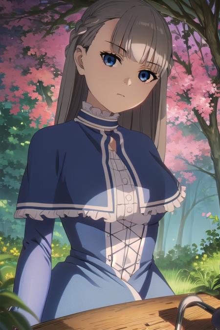 lawine, <lora:lawine-alpha-lora-nochekaiser:1>,
lawine, long hair, bangs, blue eyes, brown hair, braid, low-tied long hair,
BREAK long sleeves, dress, frills, capelet, blue dress, blue capelet,
BREAK outdoors, forest, nature, grass, sky, sun, clouds,
BREAK looking at viewer, (cowboy shot:1.5),
BREAK <lyco:GoodHands-beta2:1>, (masterpiece:1.2), best quality, high resolution, unity 8k wallpaper, (illustration:0.8), (beautiful detailed eyes:1.6), extremely detailed face, perfect lighting, extremely detailed CG, (perfect hands, perfect anatomy),