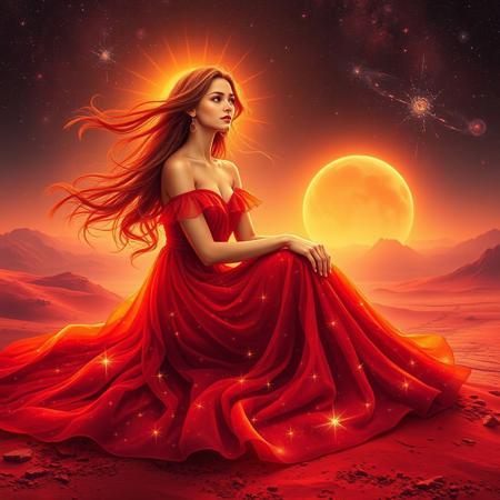 "A celestial girl embodying the fiery and passionate energy of Mars, sitting gracefully on the red surface of planet Mars. Her aura radiates warmth, strength, and confidence, yet her eyes shine with deep kindness and romantic charm. She wears a flowing, cosmic-red dress that blends with the Martian landscape, glowing softly under the distant sunlight. The winds of Mars gently move her hair as she gazes at the sky, filled with cosmic wonders. The atmosphere is mystical, with a dreamy, ethereal glow surrounding her, symbolizing her deep connection to astrology and the universe. A perfect balance of power, love, and cosmic beauty."