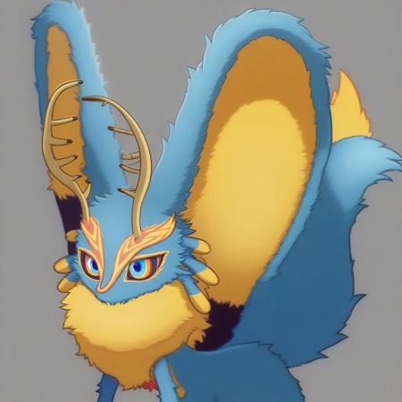 Fecto Elfilis blue fur, multicolored eyes, head wings, antlers, yellow fur, colored sclera, fluffy tail