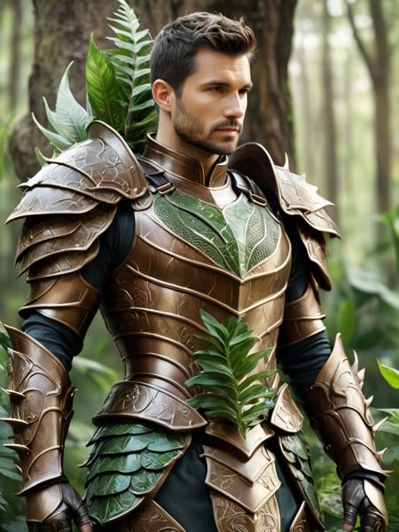 concept art <lora:FF-Midj-Last-v0563:1>, a close up of a statue of a man with armor and plants, vegetal dragon cyborg, ornate armor covered in thorns, snake skin armor forest dryad, male full body organic armor, mechanical vegetal cyborg, organic armor, segmented organic armor, techno organic armor, detailed bronze armor, plant armour, detailed rusty armor, stylish leather armor, wooden bark armor . digital artwork, illustrative, painterly, matte painting, highly detailed