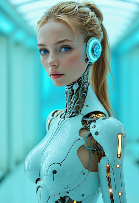 best quality,masterpiece,highly detailed,ultra-detailed,
1girl, solo, blue eyes, science fiction, lips, looking at viewer, ponytail, breasts, blonde hair, android, upper body, medium breasts, long hair, realistic, blurry background, blurry, nose, robot joints, Cyborg