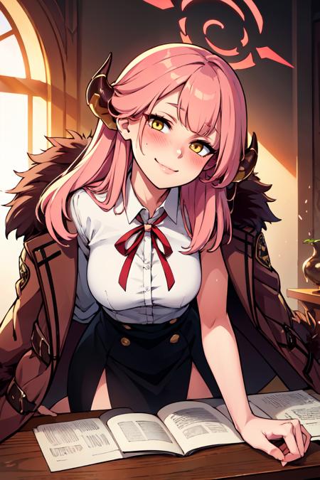 zzAru, yellow eyes, pink hair, long hair, demon horns, halo brown coat, white shirt, black skirt, red ribbon, fur-trimmed coat , 