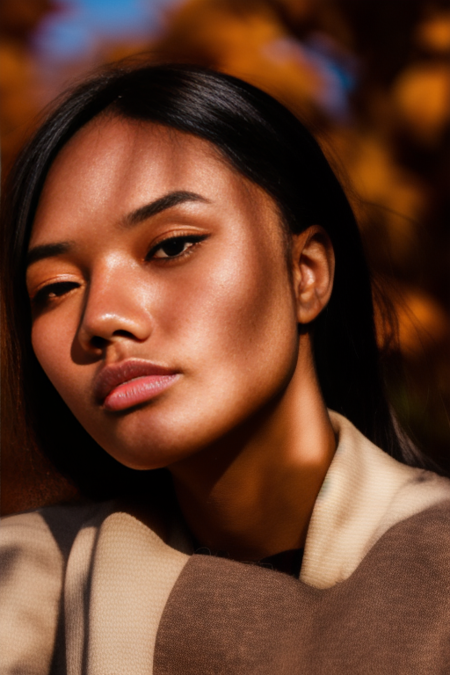 RAW photo, masterpiece, best quality, high quality, 85mm, F/5.8, insanely detailed and intricate, 1girl, brown eyes, black hair, (high detailed skin:1.2), turtleneck, detailed background, nature background, (fall), solo, 8k uhd, dslr, soft lighting, film grain, Fujifilm XT3 <lora:DeviLora:1>