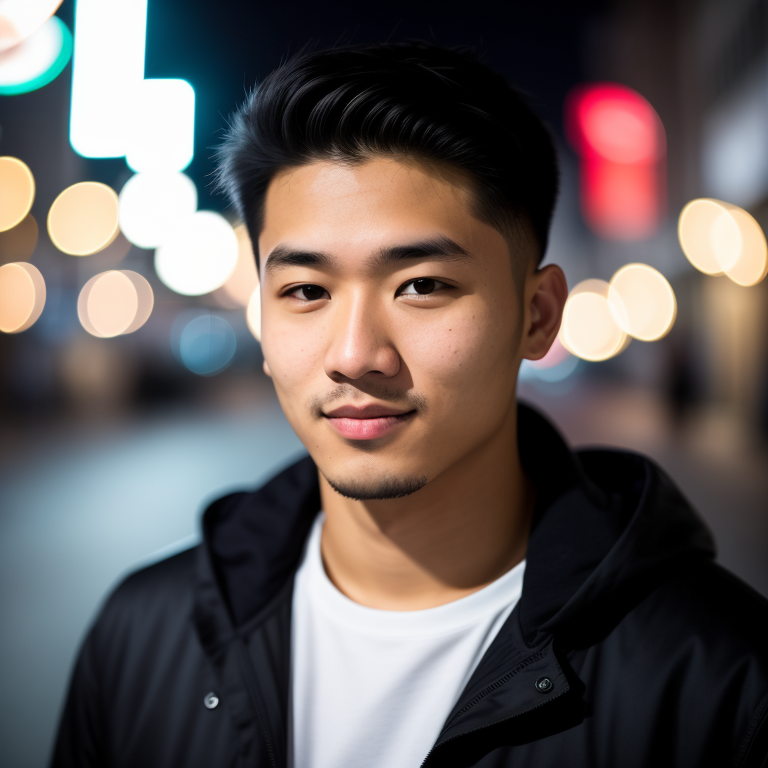 RAW photo, a portrait photo of 25 y.o man in casual clothes, night, city street, (high detailed skin:1.2), 8k uhd, dslr, s...