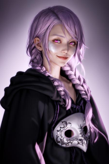 Hythlodaeus,  bangs,  black background,  collarbone,  glowing,  hair over shoulder,  hood,  hood down,  hooded robe,  looking at viewer,  mask,  mask around neck,  mask removed,  parted lips,  pink eyes,  portrait,  purple background,  robe,  side braid,  simple background,  single braid,  smile,  solo,  swept bangs,  upper body, <lora:EMS-51663-EMS:0.800000>