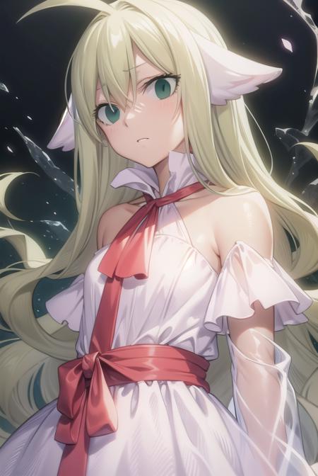 mavis, long hair, blonde hair, (green eyes:1.5), ahoge, wavy hair, animal ears, dress, white dress, collar, ribbon, red ribbon, capelet, long sleeves,