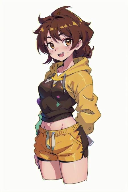 dated,maze_(gochama_ze_gohan),brown_eyes,eyelashes,smile,white_background,solo,brown_hair,bike_shorts,open_mouth,simple_background,blush,:d,cropped_legs,yellow_hoodie,hood_down,bangs_pinned_back,drawstring,topknot,female_focus,shorts,looking_at_viewer,hoodie,hood,1girl