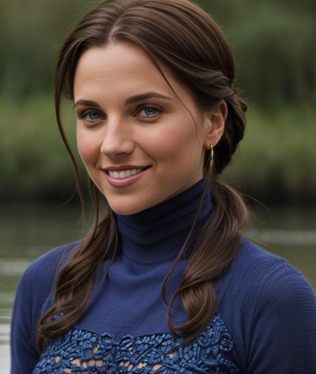 l4c1l4we , Ultra-HD-details, ((nature background)), close portrait photo, breast, blue intricate turtleneck, smile