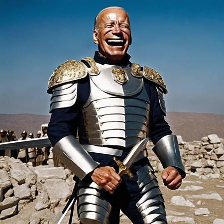 nature, President Biden, wearing silver armor, Sword in hand，stands on the ruins and celebrates his victory, yueminjun_V, closed eyes, close-up, white, laughed and said, face, very_short_hair