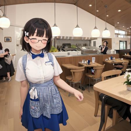 best quality, ultra-detailed, illustration,
1girl, glasses, black hair, medium hair, medium breasts, smile, closed eyes, standing, 
KRU, blue bow, blue bowtie, white shirt, short sleeves, blue skirt, blue apron,  gingham apron, employee uniform, high-waist skirt, waitress, indoors, blinds, 
kobeyarestaurant, open kitchen, scenery, chair, table, ceiling light, indoors, lamp, restaurant, light, 
 <lora:kobeya_U_SD15_V5:0.6> <lora:kobeya_Nishinomiya_SD15_V3:0.6>