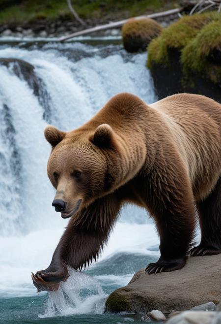 grizzly bear fishing for salmon near a waterfall