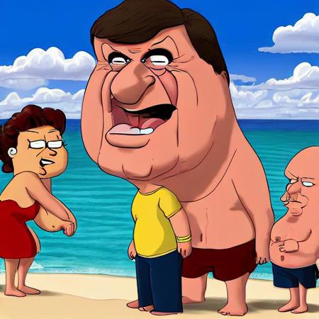 Family guy taking selfies at the beach, very detailed, clean, high quality, sharp image