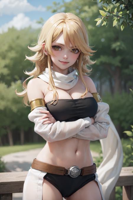 (masterpiece, best quality:1.2), <lora:agk_leone-10:0.8>, cowboy shot, solo, 1girl, leone, smile, looking at viewer, crossed arms, blonde hair, strapless, detached sleeves, belt, scarf, midriff, large breasts, forest